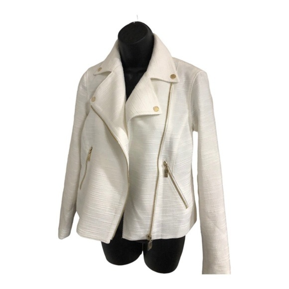 Anne Klein ecru boucle lookโ gold zippered moto jacket blazer size large new - Picture 4 of 17